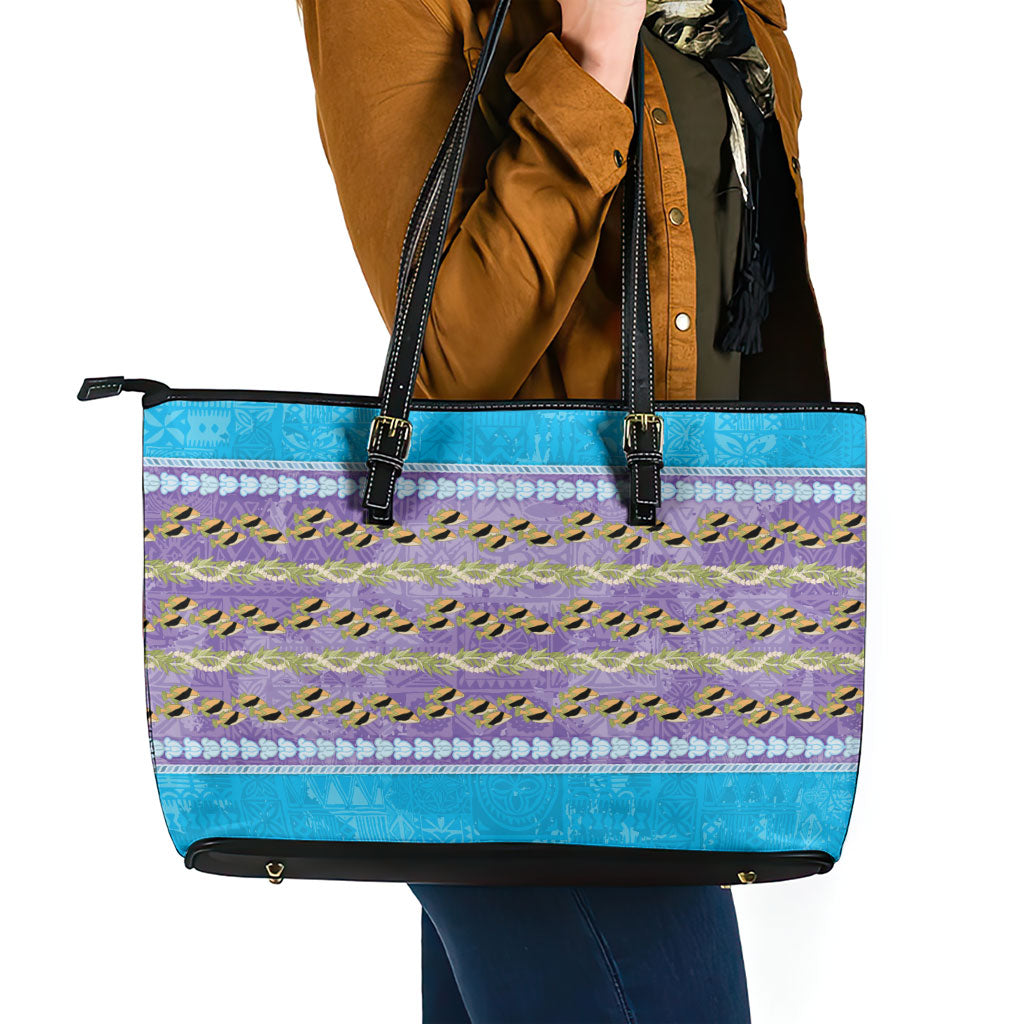 Hawaii Humuhumu Fish Maile Pikake Lei Leather Tote Bag Tribal Tapa Blue Version