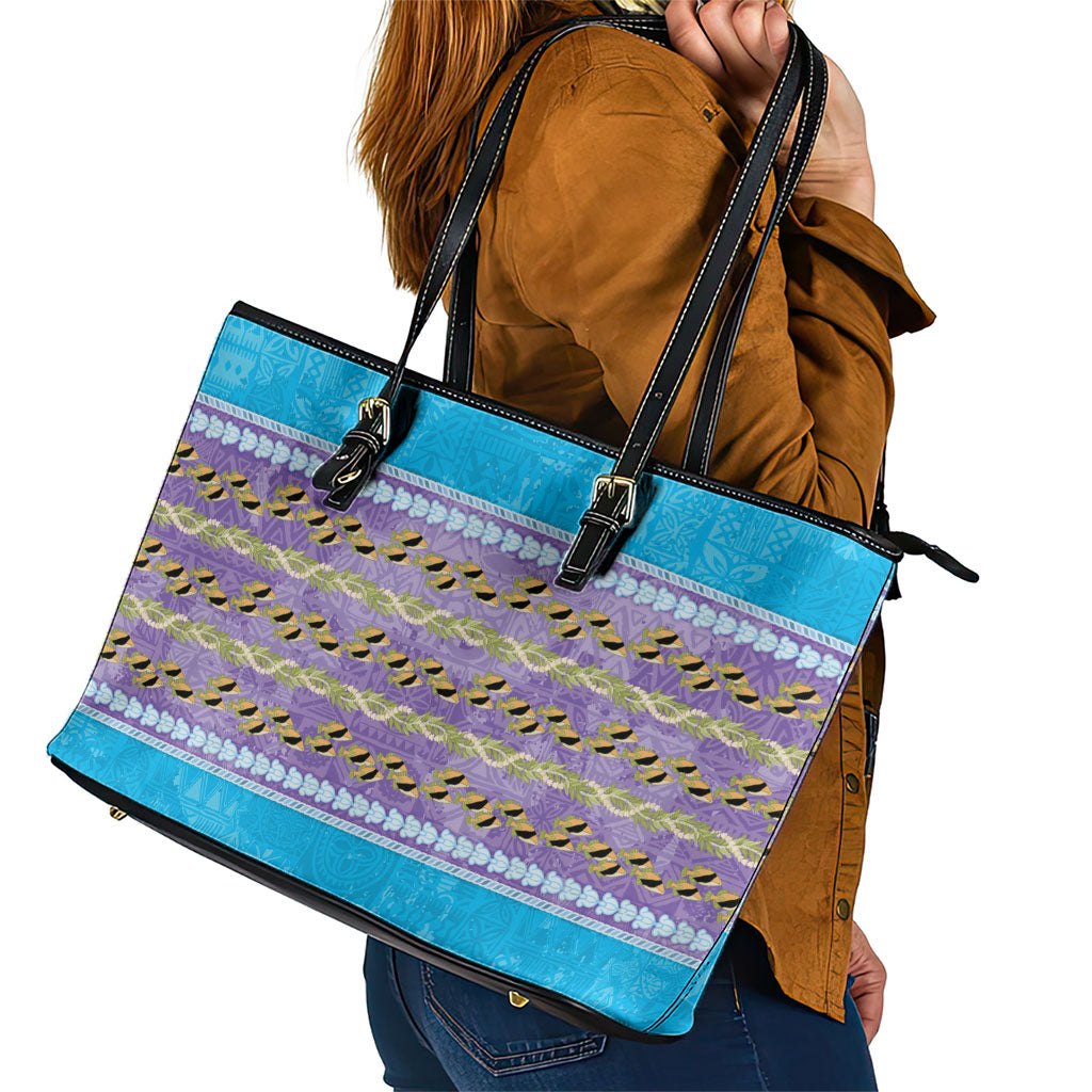 Hawaii Humuhumu Fish Maile Pikake Lei Leather Tote Bag Tribal Tapa Blue Version
