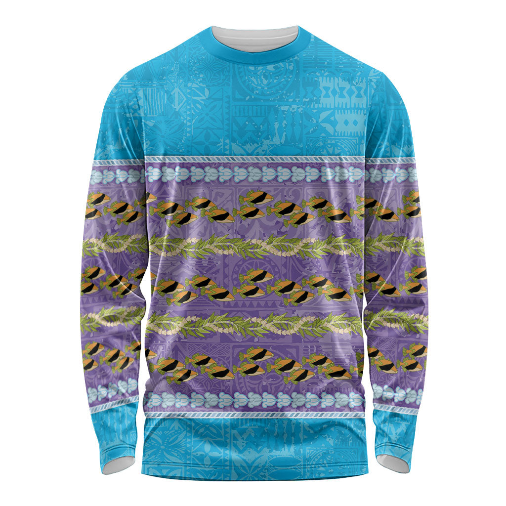 Hawaii Humuhumu Fish Maile Pikake Lei Long Sleeve Shirt Tribal Tapa Blue Version