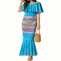 Hawaii Humuhumu Fish Maile Pikake Lei Mermaid Dress Tribal Tapa Blue Version