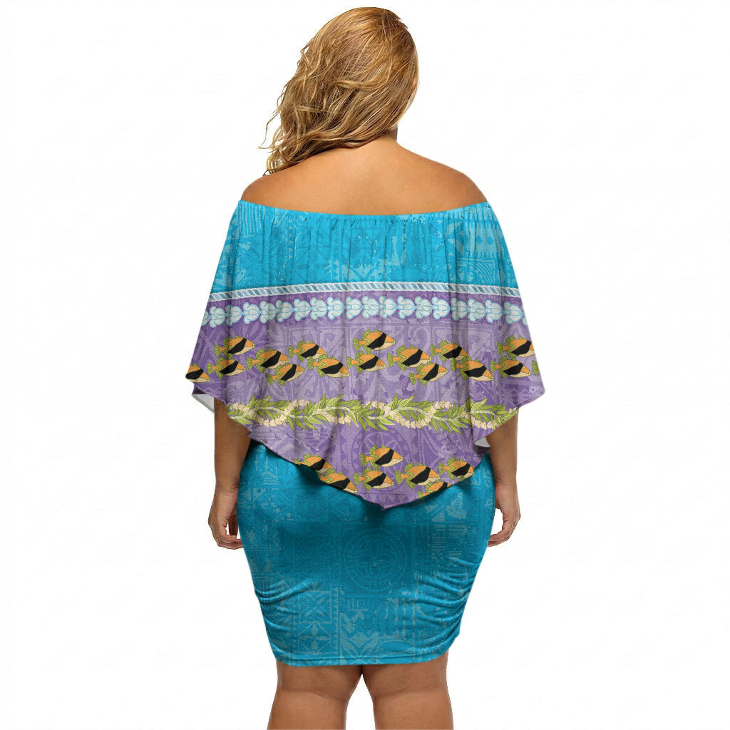 Hawaii Humuhumu Fish Maile Pikake Lei Off Shoulder Short Dress Tribal Tapa Blue Version