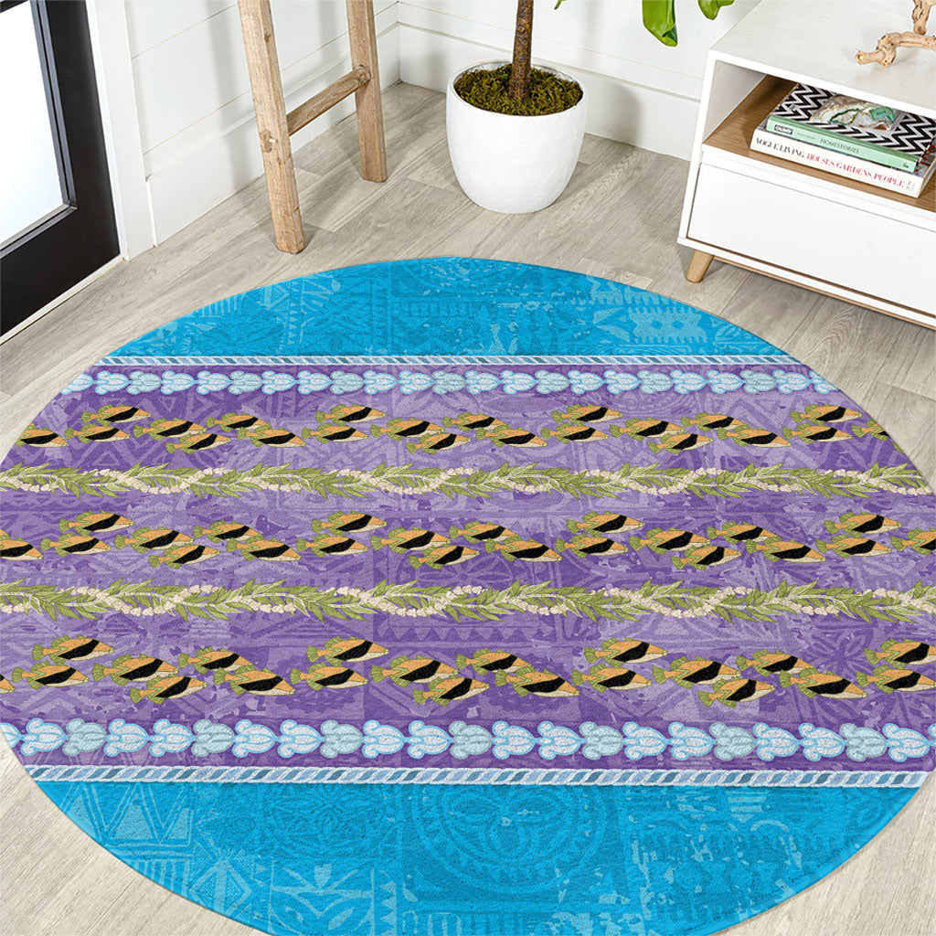 Hawaii Humuhumu Fish Maile Pikake Lei Round Carpet Tribal Tapa Blue Version LT05 Blue - Polynesian Pride