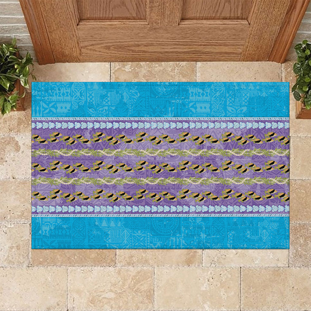 Hawaii Humuhumu Fish Maile Pikake Lei Rubber Doormat Tribal Tapa Blue Version LT05 Blue - Polynesian Pride