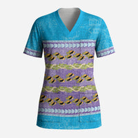 Hawaii Humuhumu Fish Maile Pikake Lei Scrub Top Tribal Tapa Blue Version