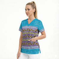 Hawaii Humuhumu Fish Maile Pikake Lei Scrub Top Tribal Tapa Blue Version