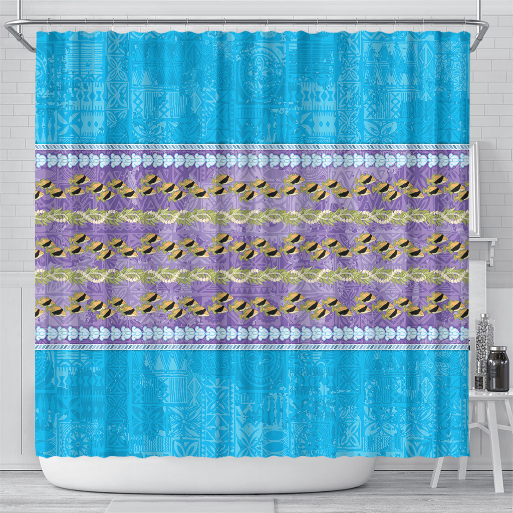 Hawaii Humuhumu Fish Maile Pikake Lei Shower Curtain Tribal Tapa Blue Version