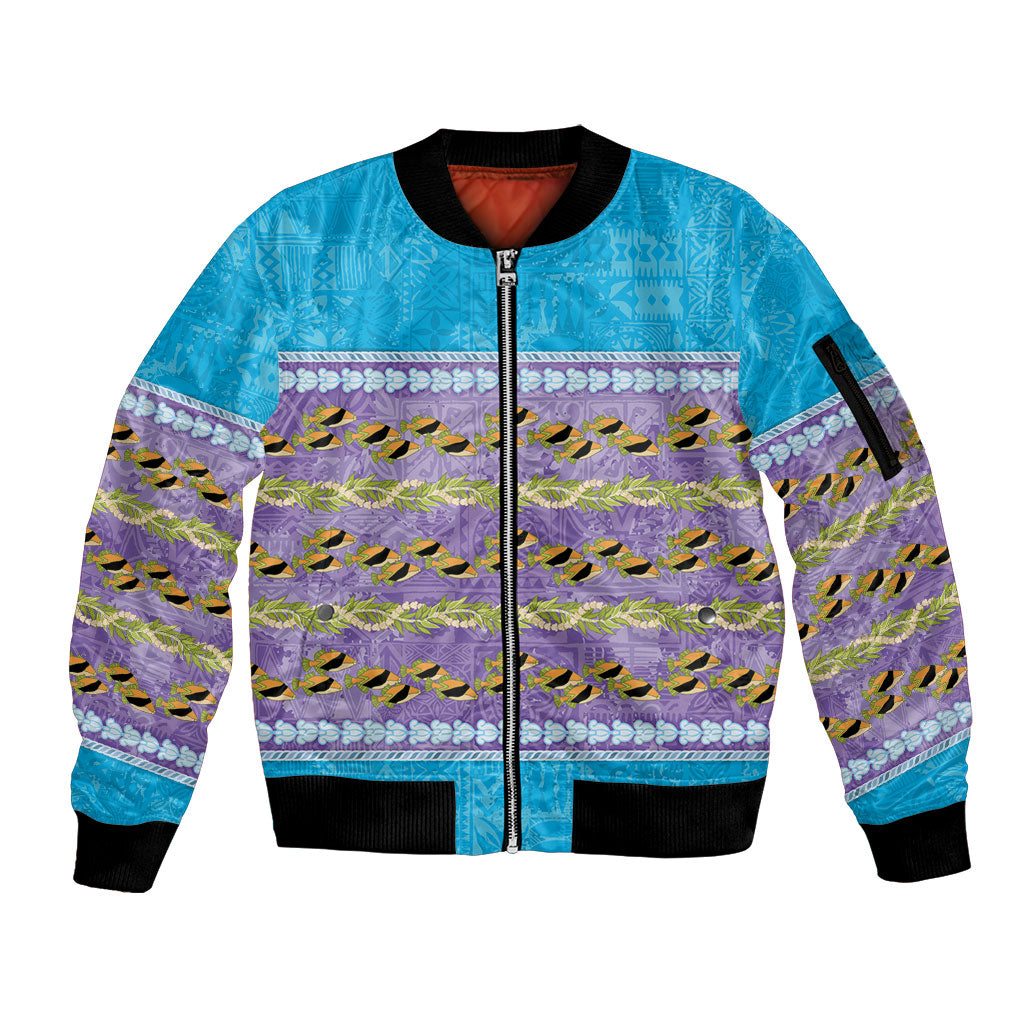 Hawaii Humuhumu Fish Maile Pikake Lei Sleeve Zip Bomber Jacket Tribal Tapa Blue Version