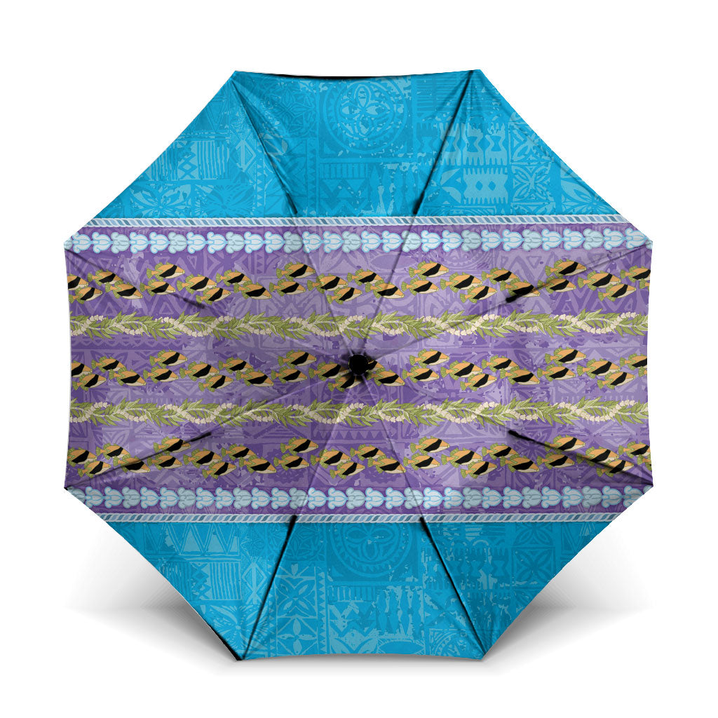 Hawaii Humuhumu Fish Maile Pikake Lei Umbrella Tribal Tapa Blue Version LT05 One Size Folded 11.42 inch Opened Diameter 37.4 inch Blue - Polynesian Pride