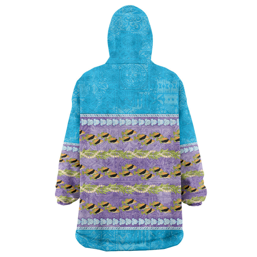 Hawaii Humuhumu Fish Maile Pikake Lei Wearable Blanket Hoodie Tribal Tapa Blue Version