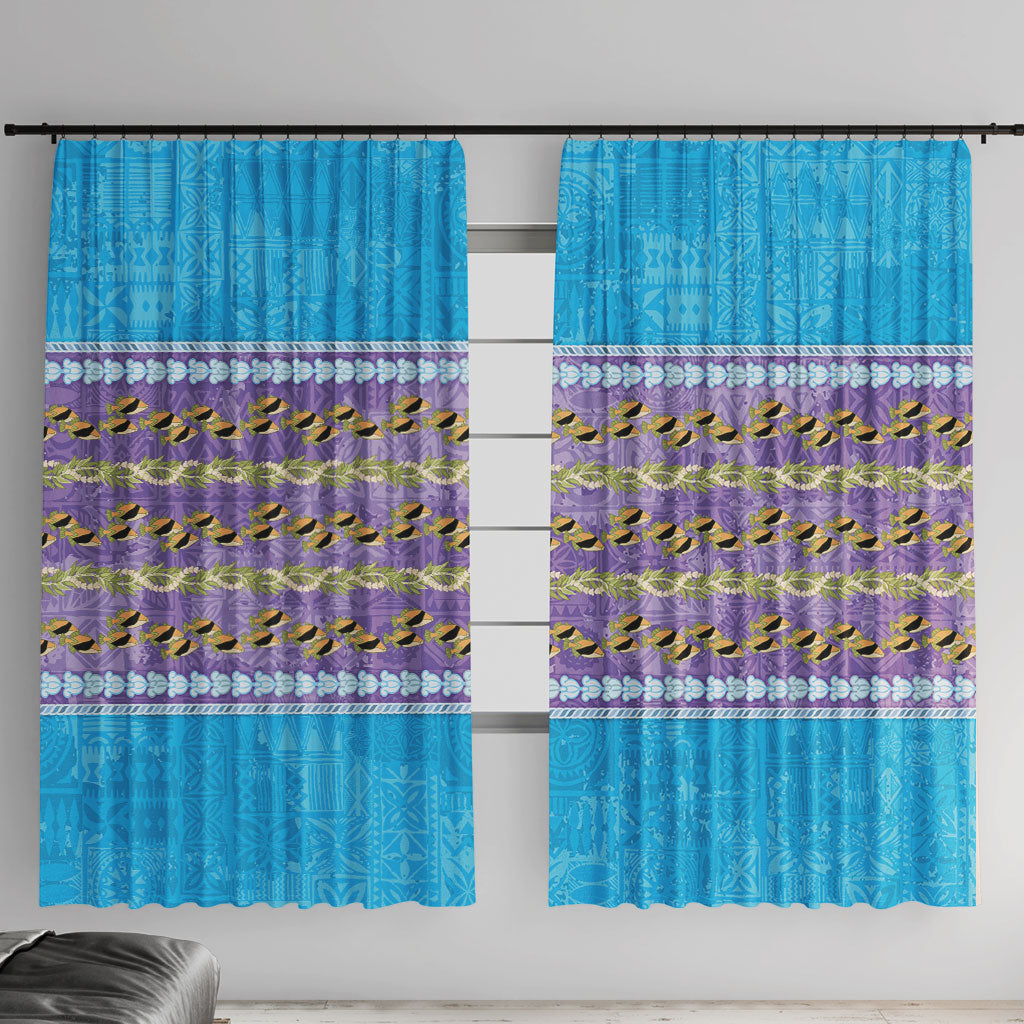 Hawaii Humuhumu Fish Maile Pikake Lei Window Curtain Tribal Tapa Blue Version LT05 With Hooks Blue - Polynesian Pride