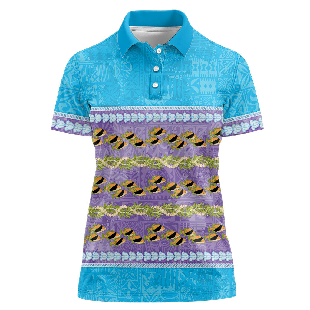 Hawaii Humuhumu Fish Maile Pikake Lei Women Polo Shirt Tribal Tapa Blue Version