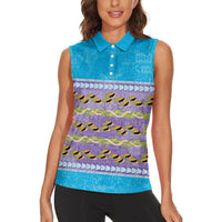 Hawaii Humuhumu Fish Maile Pikake Lei Women Sleeveless Polo Shirt Tribal Tapa Blue Version