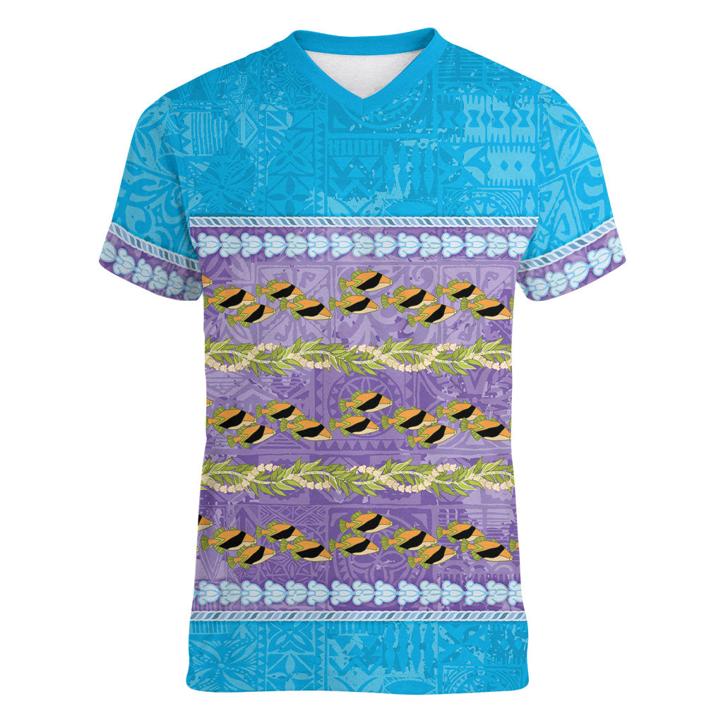 Hawaii Humuhumu Fish Maile Pikake Lei Women V-Neck T-Shirt Tribal Tapa Blue Version