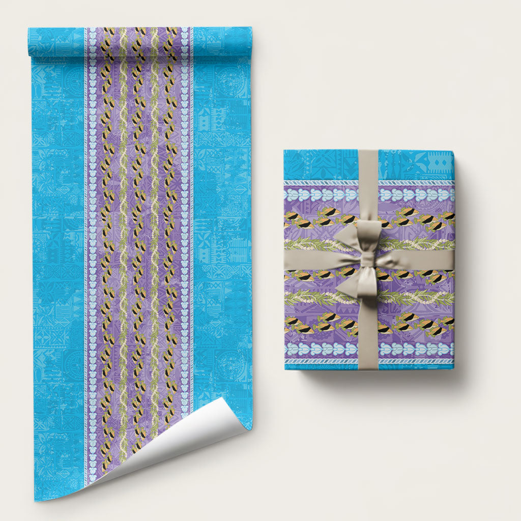 Hawaii Humuhumu Fish Maile Pikake Lei Wrapping Paper Tribal Tapa Blue Version LT05 58" × 23" Blue - Polynesian Pride