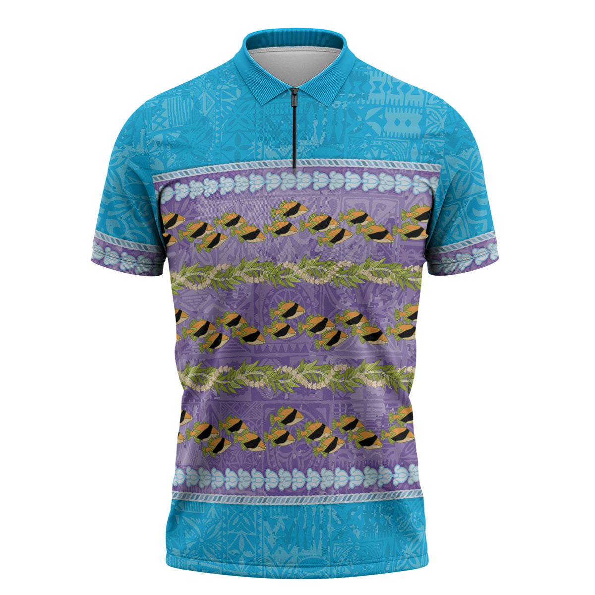 Hawaii Humuhumu Fish Maile Pikake Lei Zipper Polo Shirt Tribal Tapa Blue Version