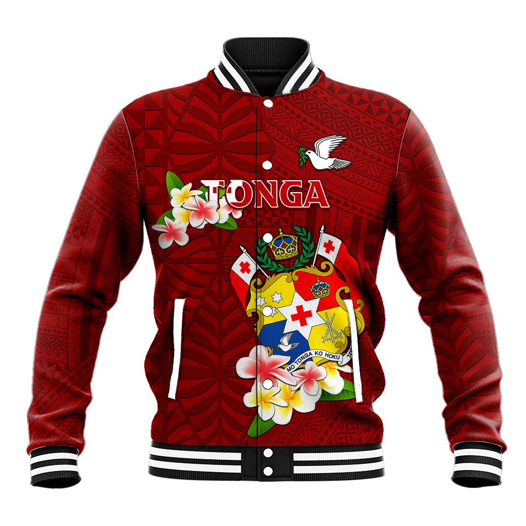 Personalized Tonga Baseball Jacket Coat Of Arms Plumeria With Ngatu Pattern LT05 Unisex Red - Polynesian Pride