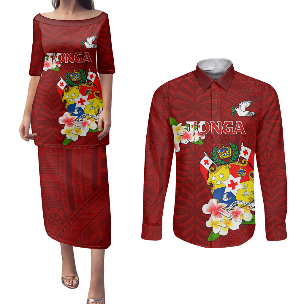 Personalized Tonga Couples Matching Puletasi Dress and Long Sleeve Button Shirts Coat Of Arms Plumeria With Ngatu Pattern LT05 Red - Polynesian Pride