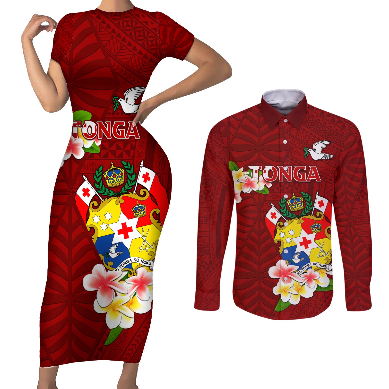 Personalized Tonga Couples Matching Short Sleeve Bodycon Dress and Long Sleeve Button Shirts Coat Of Arms Plumeria With Ngatu Pattern LT05 Red - Polynesian Pride