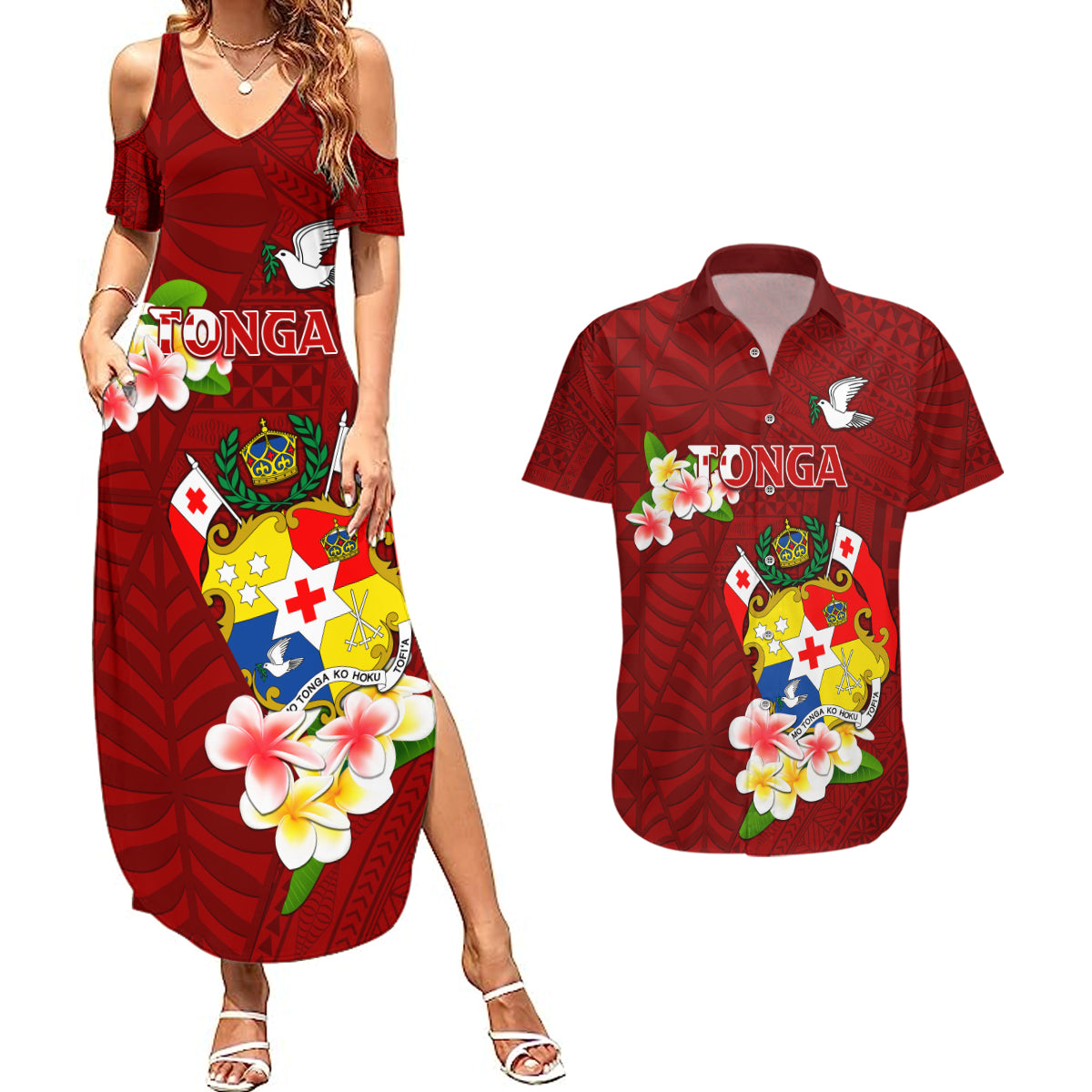 Personalized Tonga Couples Matching Summer Maxi Dress and Hawaiian Shirt Coat Of Arms Plumeria With Ngatu Pattern LT05 Red - Polynesian Pride