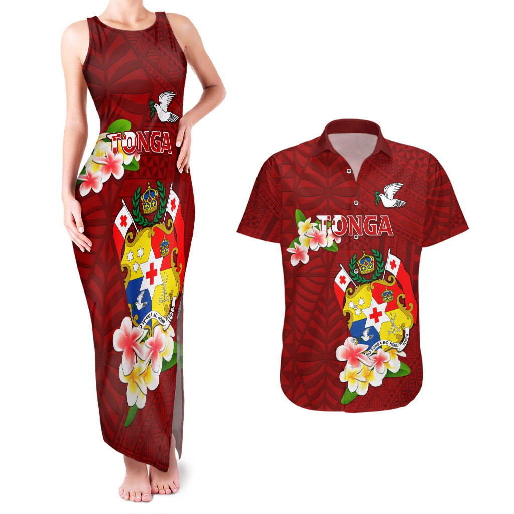 Personalized Tonga Couples Matching Tank Maxi Dress and Hawaiian Shirt Coat Of Arms Plumeria With Ngatu Pattern LT05 Red - Polynesian Pride