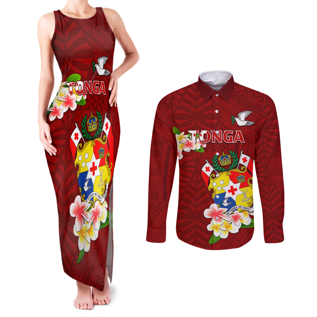 Personalized Tonga Couples Matching Tank Maxi Dress and Long Sleeve Button Shirts Coat Of Arms Plumeria With Ngatu Pattern LT05 Red - Polynesian Pride