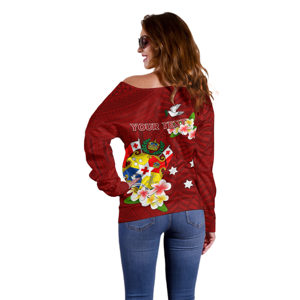 Personalized Tonga Off Shoulder Sweater Coat Of Arms Plumeria With Ngatu Pattern LT05 - Polynesian Pride