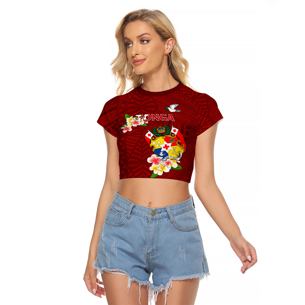 Personalized Tonga Raglan Cropped T Shirt Coat Of Arms Plumeria With Ngatu Pattern LT05 Female Red - Polynesian Pride