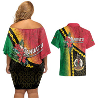 Happy Vanuatu Constitution Day Couples Matching Off Shoulder Short Dress and Hawaiian Shirt Flag Style With Sand Drawing Pattern