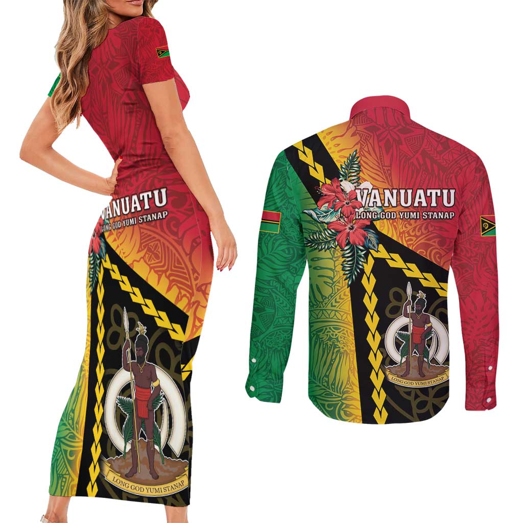 Happy Vanuatu Constitution Day Couples Matching Short Sleeve Bodycon Dress and Long Sleeve Button Shirt Flag Style With Sand Drawing Pattern