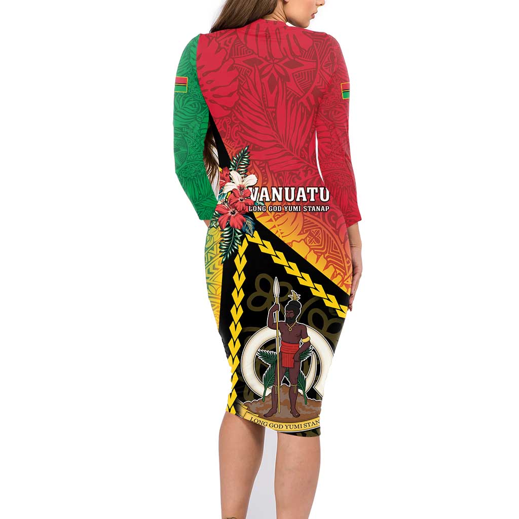 Happy Vanuatu Constitution Day Family Matching Long Sleeve Bodycon Dress and Hawaiian Shirt Flag Style With Sand Drawing Pattern