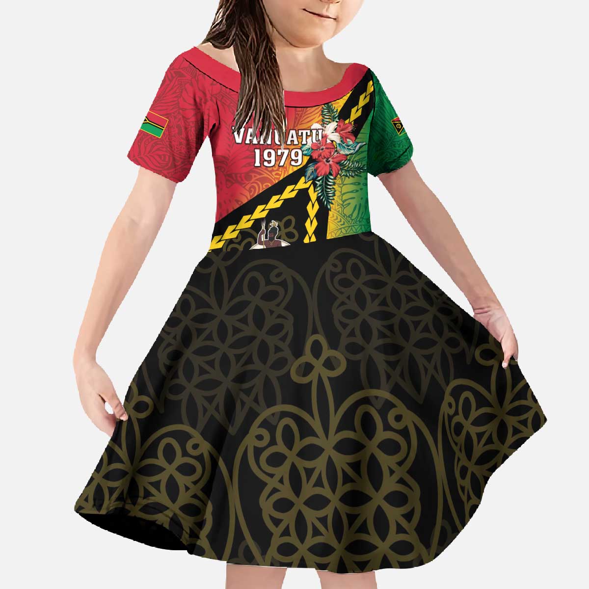 Happy Vanuatu Constitution Day Family Matching Off The Shoulder Long Sleeve Dress and Hawaiian Shirt Flag Style With Sand Drawing Pattern