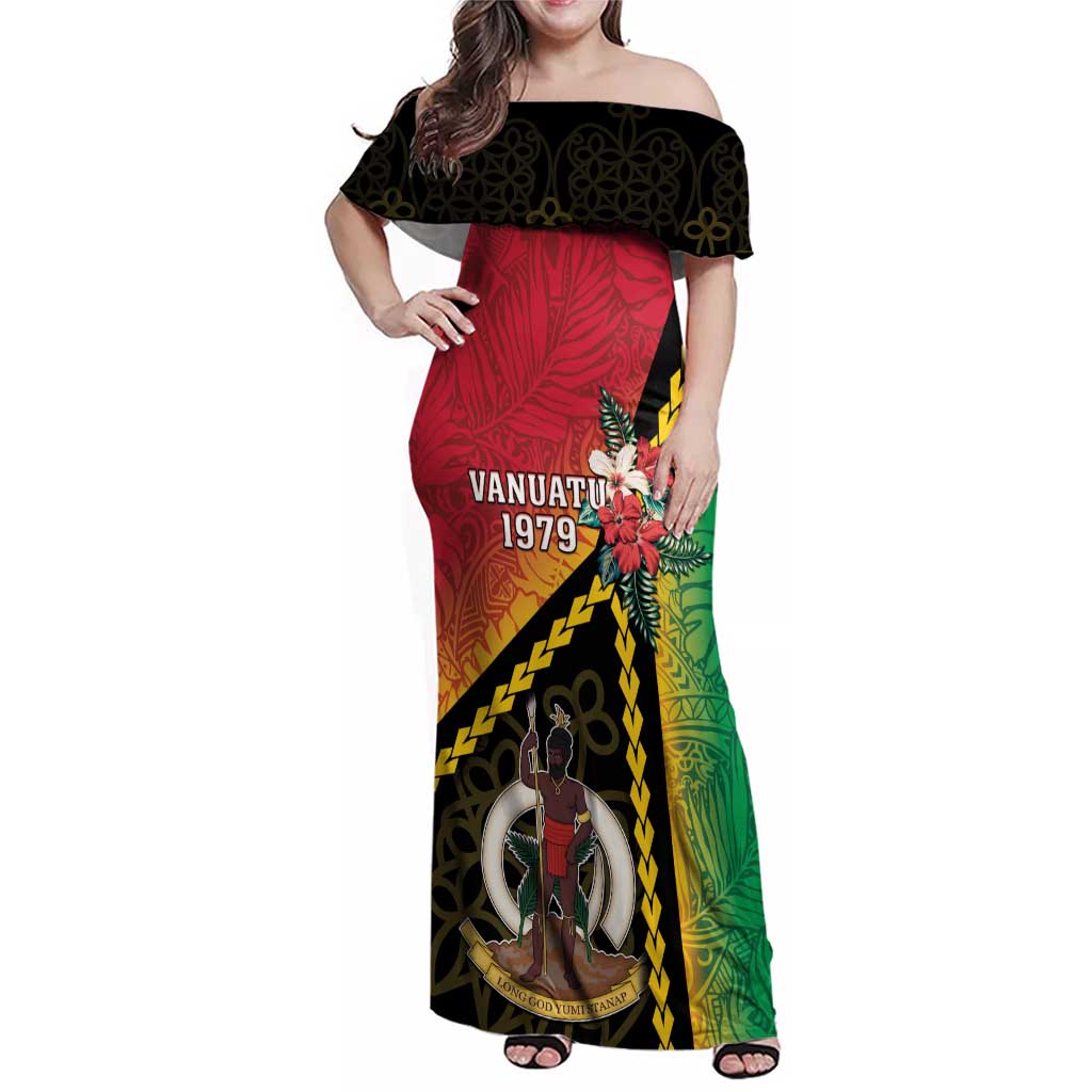 Happy Vanuatu Constitution Day Family Matching Off Shoulder Maxi Dress and Hawaiian Shirt Flag Style With Sand Drawing Pattern