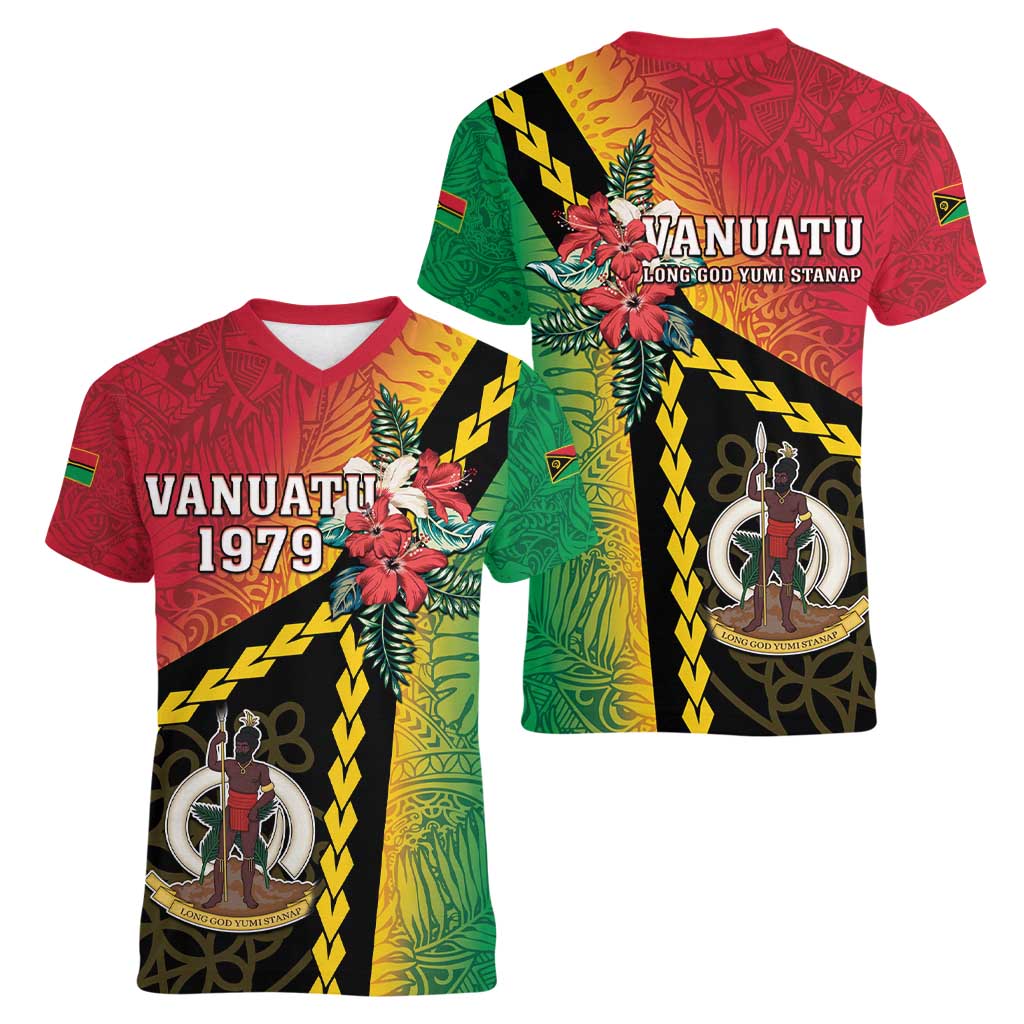 Happy Vanuatu Constitution Day Women V-Neck T-Shirt Flag Style With Sand Drawing Pattern