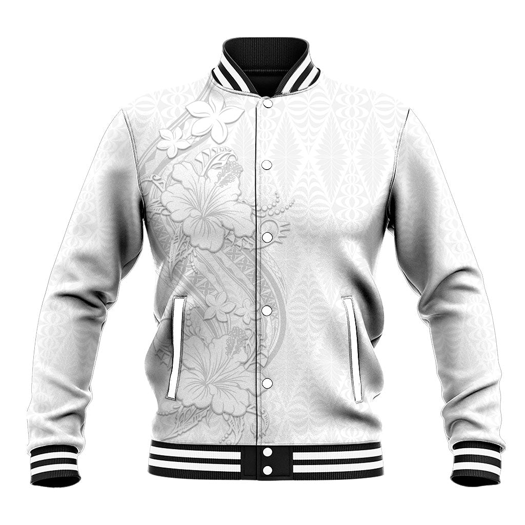 Tokelau White Sunday Baseball Jacket Elegant Hibiscus Polynesian Tribal Pattern