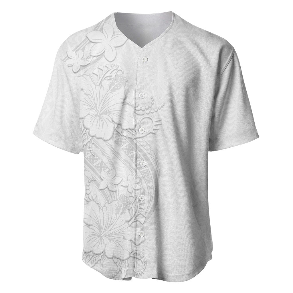Tokelau White Sunday Baseball Jersey Elegant Hibiscus Polynesian Tribal Pattern