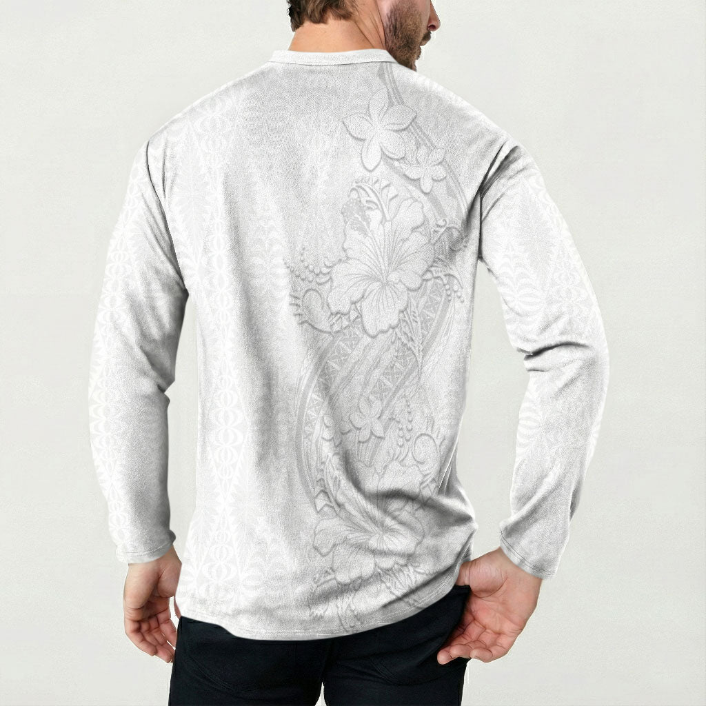 Tokelau White Sunday Button Sweatshirt Elegant Hibiscus Polynesian Tribal Pattern
