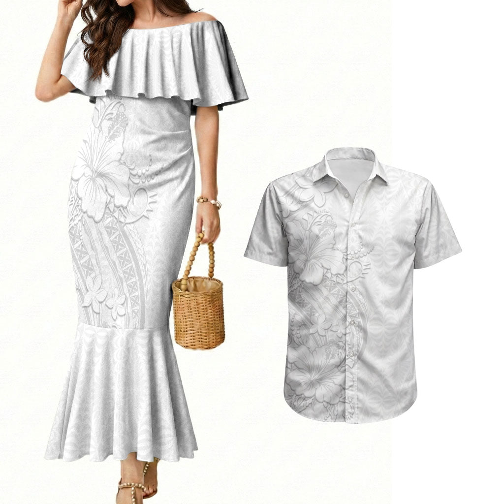 Tokelau White Sunday Couples Matching Mermaid Dress and Hawaiian Shirt Elegant Hibiscus Polynesian Tribal Pattern