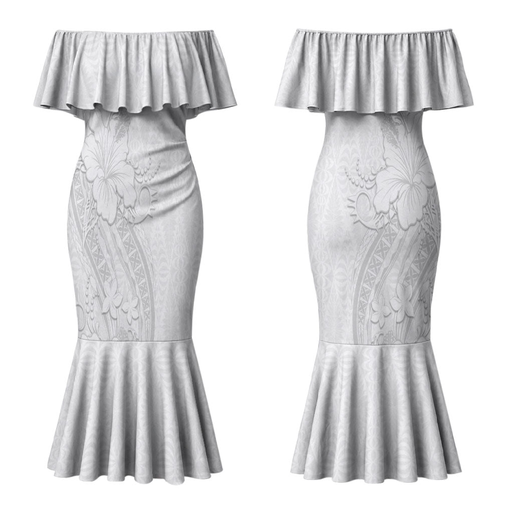 Tokelau White Sunday Couples Matching Mermaid Dress and Long Sleeve Button Shirt Elegant Hibiscus Polynesian Tribal Pattern