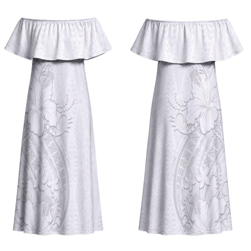 Tokelau White Sunday Couples Matching Off Shoulder Maxi Dress and Hawaiian Shirt Elegant Hibiscus Polynesian Tribal Pattern