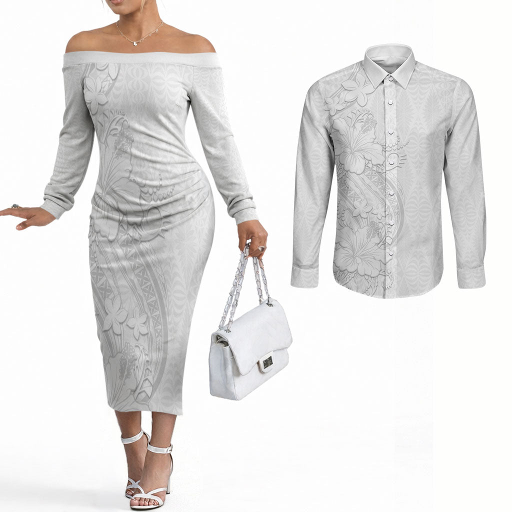 Tokelau White Sunday Couples Matching Off The Shoulder Long Sleeve Dress and Long Sleeve Button Shirt Elegant Hibiscus Polynesian Tribal Pattern
