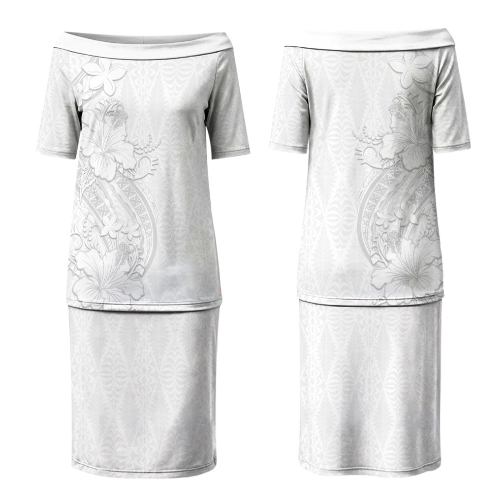 Tokelau White Sunday Couples Matching Puletasi and Hawaiian Shirt Elegant Hibiscus Polynesian Tribal Pattern