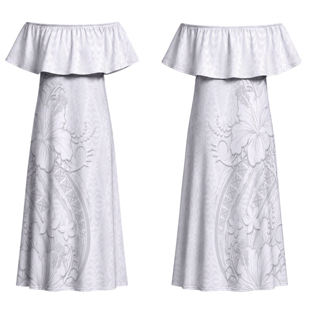 Tokelau White Sunday Family Matching Off Shoulder Maxi Dress and Hawaiian Shirt Elegant Hibiscus Polynesian Tribal Pattern