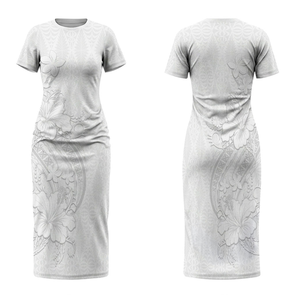Tokelau White Sunday Family Matching Short Sleeve Bodycon Dress and Hawaiian Shirt Elegant Hibiscus Polynesian Tribal Pattern