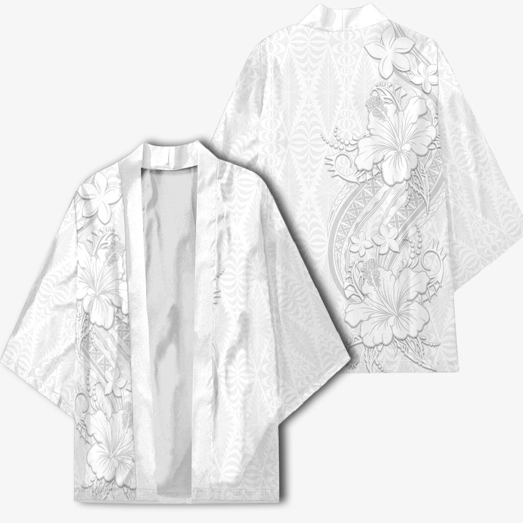 Tokelau White Sunday Kimono Elegant Hibiscus Polynesian Tribal Pattern