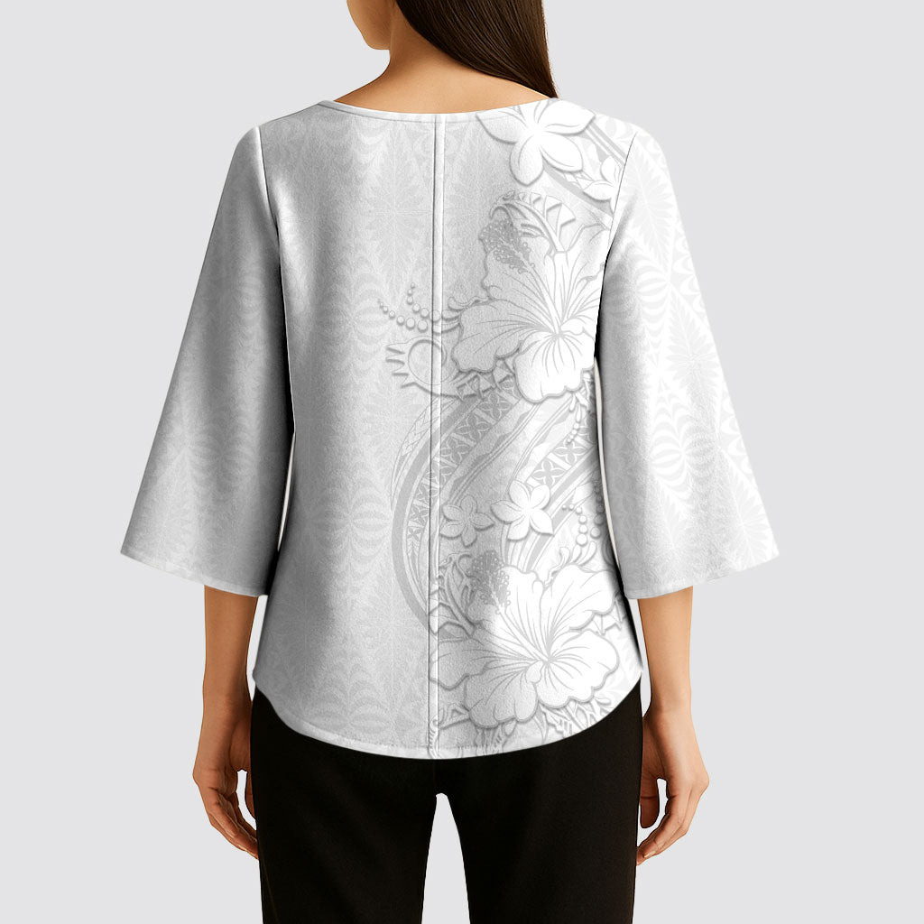 Tokelau White Sunday Kimono Sleeve Blouse Elegant Hibiscus Polynesian Tribal Pattern