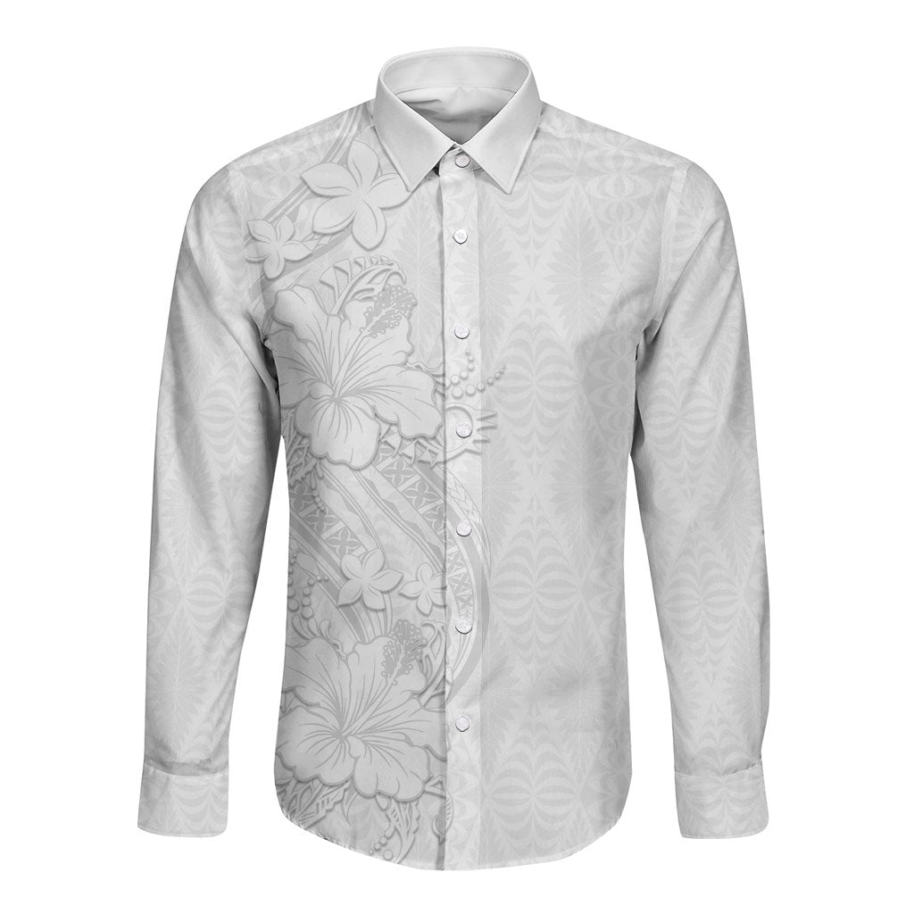 Tokelau White Sunday Long Sleeve Button Shirt Elegant Hibiscus Polynesian Tribal Pattern