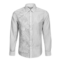Tokelau White Sunday Long Sleeve Button Shirt Elegant Hibiscus Polynesian Tribal Pattern