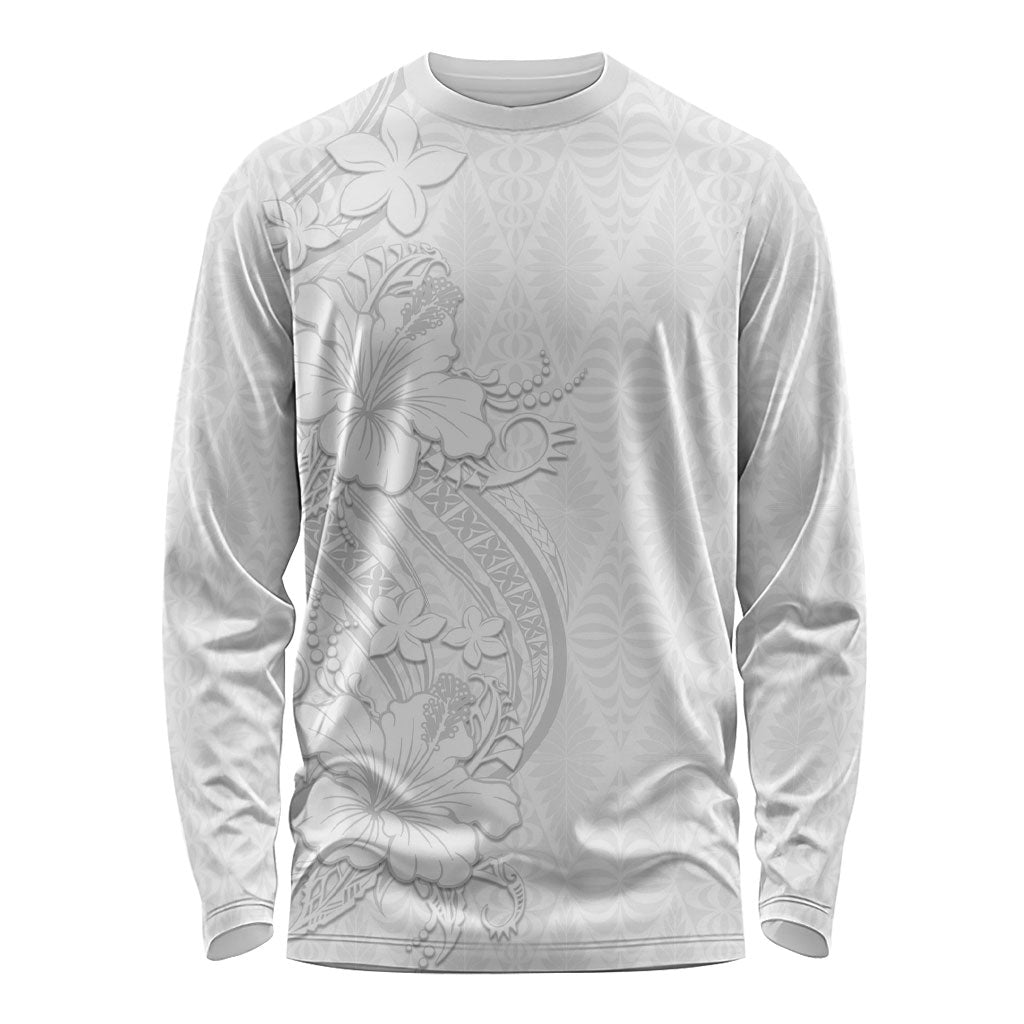 Tokelau White Sunday Long Sleeve Shirt Elegant Hibiscus Polynesian Tribal Pattern