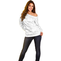 Tokelau White Sunday Off Shoulder Sweater Elegant Hibiscus Polynesian Tribal Pattern
