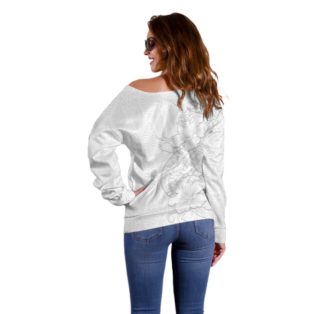 Tokelau White Sunday Off Shoulder Sweater Elegant Hibiscus Polynesian Tribal Pattern